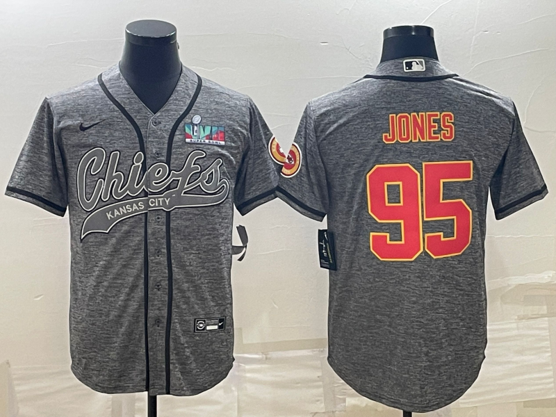 Men's Kansas City Chiefs #95 Chris Jones Grey With Super Bowl LVII Patch Cool Base Stitched Baseball Jersey Men's Kansas City Chiefs #95 Chris Jones Grey With Super Bowl LVII Patch Cool Base Stitched Baseball Jersey